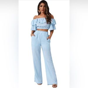 Romwe Women's 2 Piece Outfit Off The Shoulder Crop Top Wide Leg Pants Set